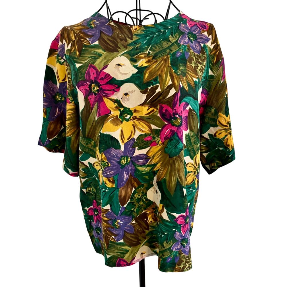 Vintage 80's Pat Argenti 100% Silk Floral Blouse Top Short Sleeve Retro M